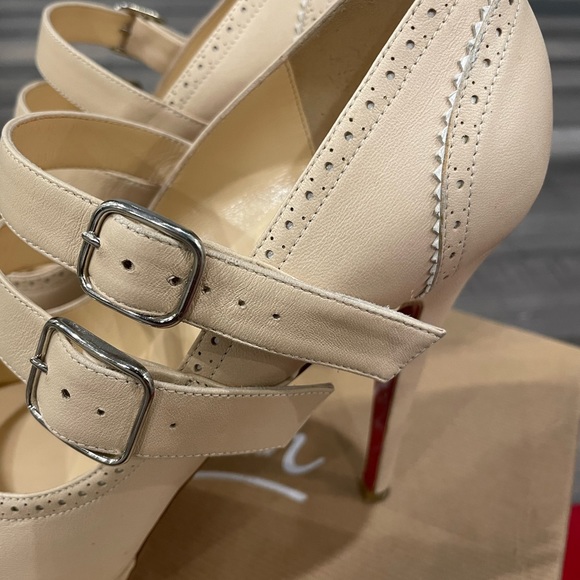 Christian Louboutin Lulu 140 Nappa Nude Peep Toe Double Strap SZ 38.5 - Picture 8 of 11